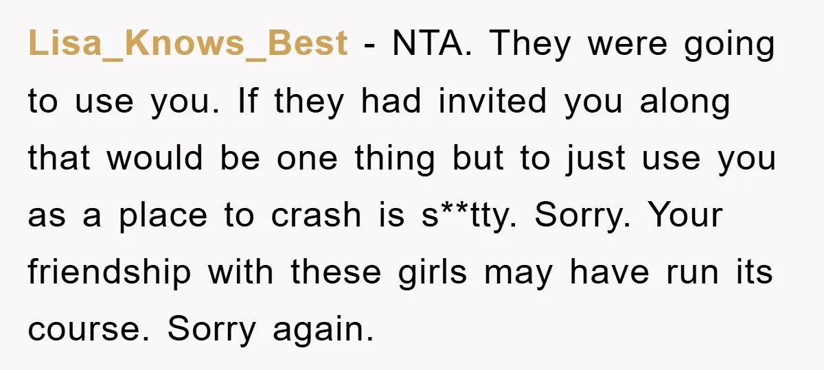 Lisa_Knows_Best − NTA. They were going to use you. If they had invited you along that would be one thing but to just use you as a place to crash...