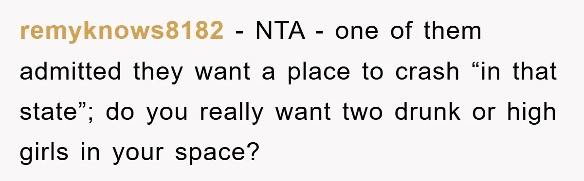 remyknows8182 − NTA - one of them admitted they want a place to crash “in that state”; do you really want two drunk or high girls in your space?