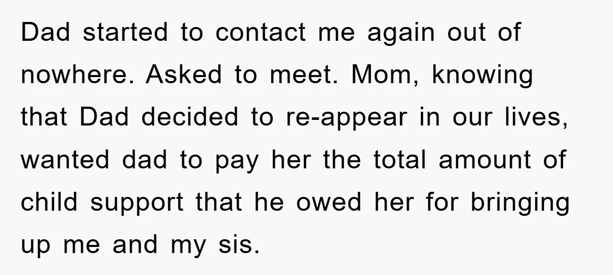 Dad started to contact me again out of nowhere. Asked to meet. Mom, knowing that Dad decided to re-appear in our lives, wanted dad to pay her the total amount...