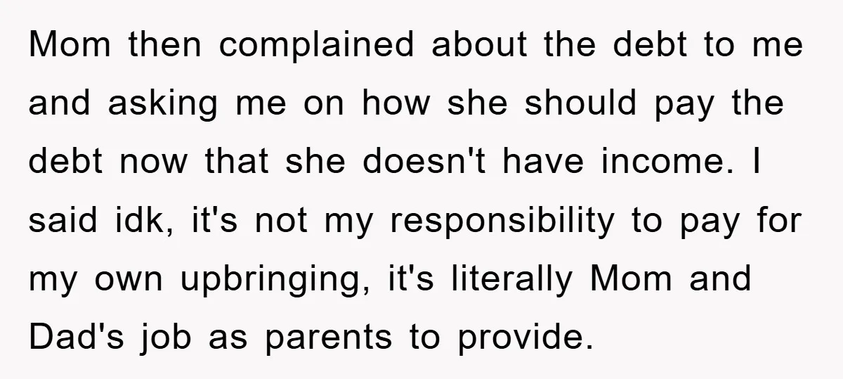 Mom then complained about the debt to me and asking me on how she should pay the debt now that she doesn't have income. I said idk, it's not my...