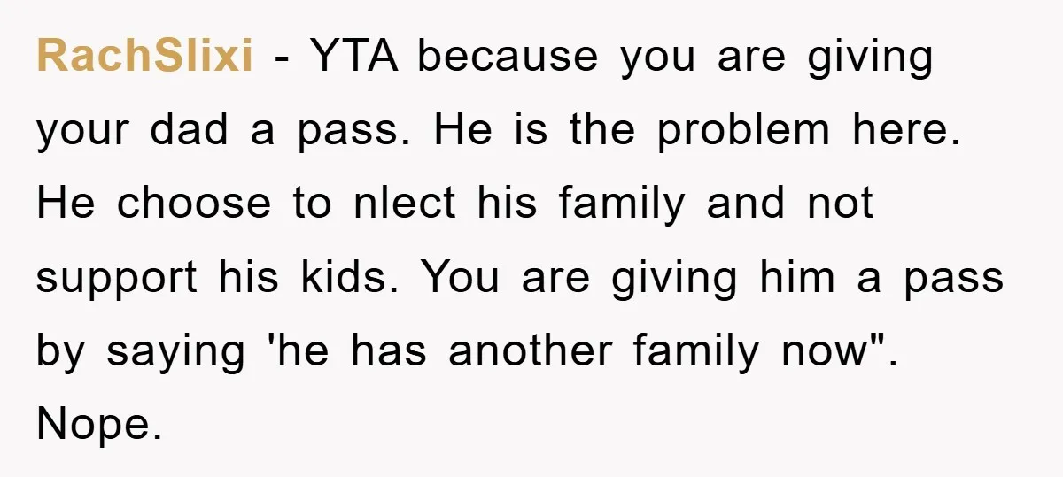 RachSlixi − YTA because you are giving your dad a pass. He is the problem here. He choose to nlect his family and not support his kids. You are giving...