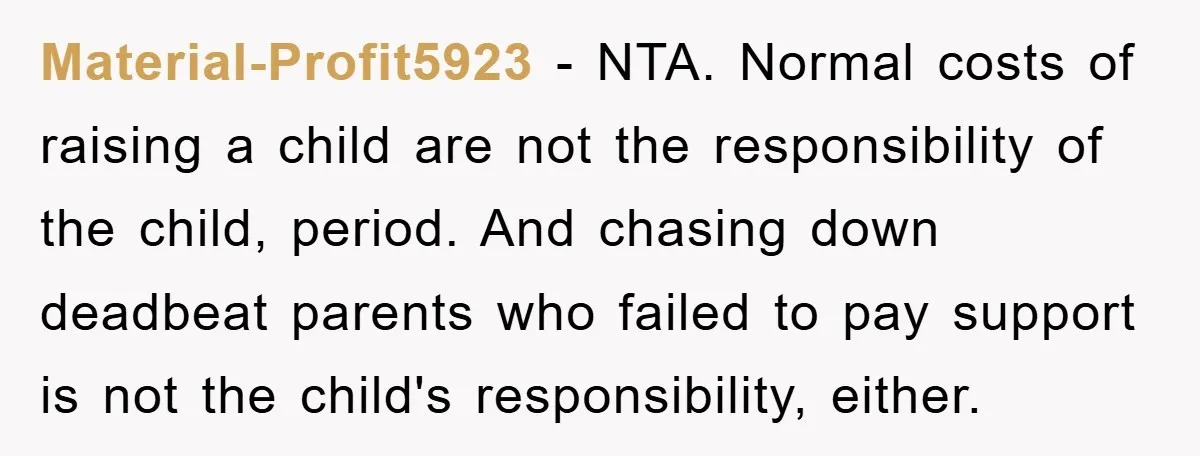 Material-Profit5923 − NTA. Normal costs of raising a child are not the responsibility of the child, period. And chasing down deadbeat parents who failed to pay support is not the...