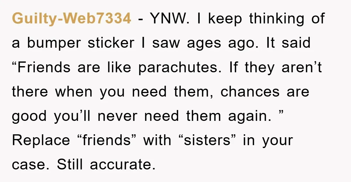 Guilty-Web7334 − YNW. I keep thinking of a bumper sticker I saw ages ago. It said “Friends are like parachutes. If they aren’t there when you need them, chances are...