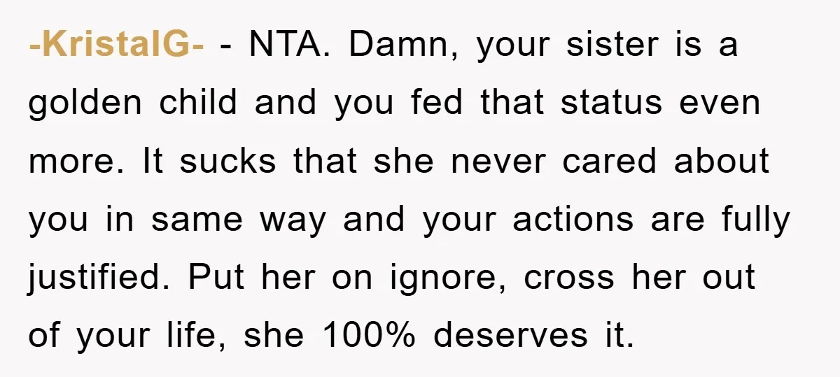 -KristalG- − NTA. Damn, your sister is a golden child and you fed that status even more. It sucks that she never cared about you in same way and your...
