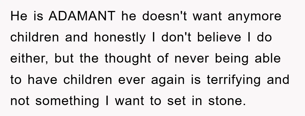 He is ADAMANT he doesn't want anymore children and honestly I don't believe I do either, but the thought of never being able to have children ever again is terrifying...