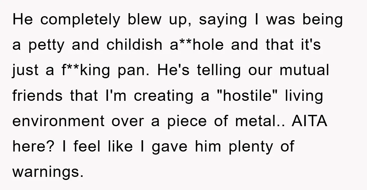 He completely blew up, saying I was being a petty and childish a**hole and that it's just a f**king pan. He's telling our mutual friends that I'm creating a "hostile"...