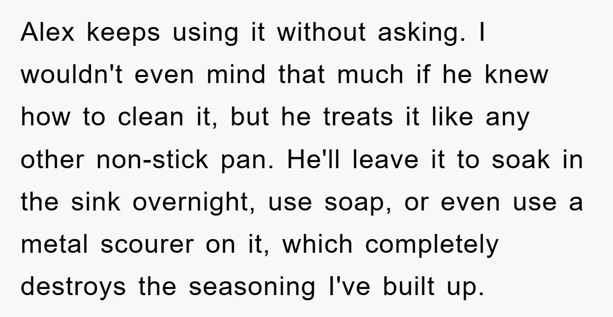 Alex keeps using it without asking. I wouldn't even mind that much if he knew how to clean it, but he treats it like any other non-stick pan. He'll leave...