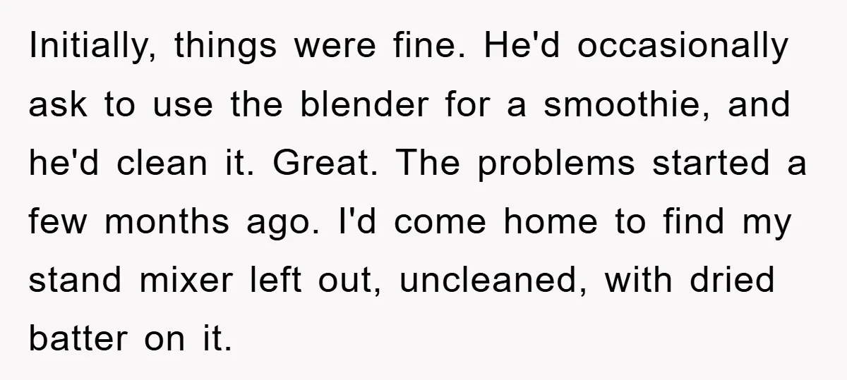 Initially, things were fine. He'd occasionally ask to use the blender for a smoothie, and he'd clean it. Great. The problems started a few months ago. I'd come home to...
