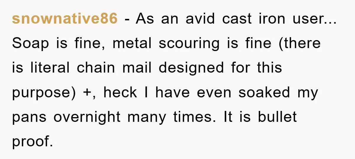 snownative86 − As an avid cast iron user... Soap is fine, metal scouring is fine (there is literal chain mail designed for this purpose) +, heck I have even soaked...