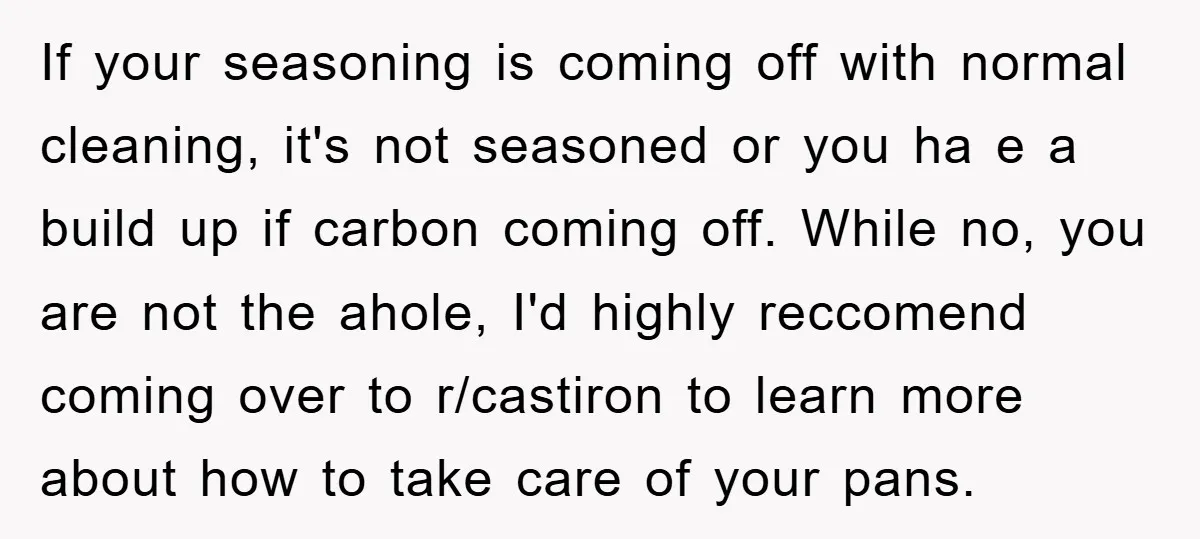 If your seasoning is coming off with normal cleaning, it's not seasoned or you ha e a build up if carbon coming off. While no, you are not the ahole,...