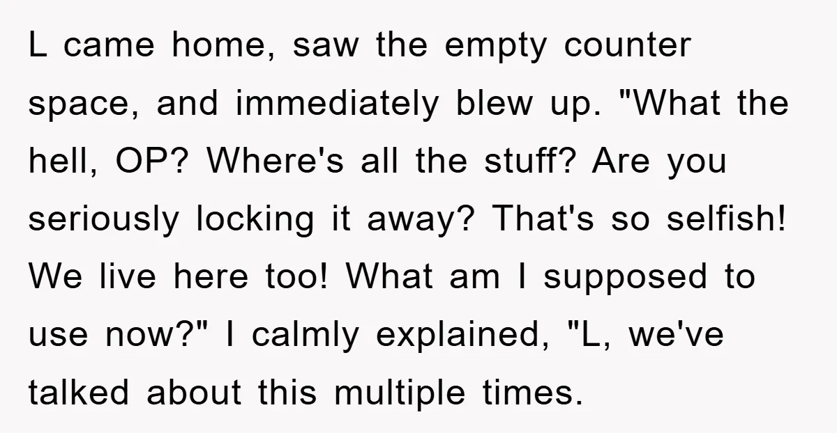 L came home, saw the empty counter space, and immediately blew up. "What the hell, OP? Where's all the stuff? Are you seriously locking it away? That's so selfish! We...