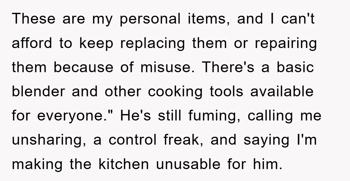 These are my personal items, and I can't afford to keep replacing them or repairing them because of misuse. There's a basic blender and other cooking tools available for everyone."...