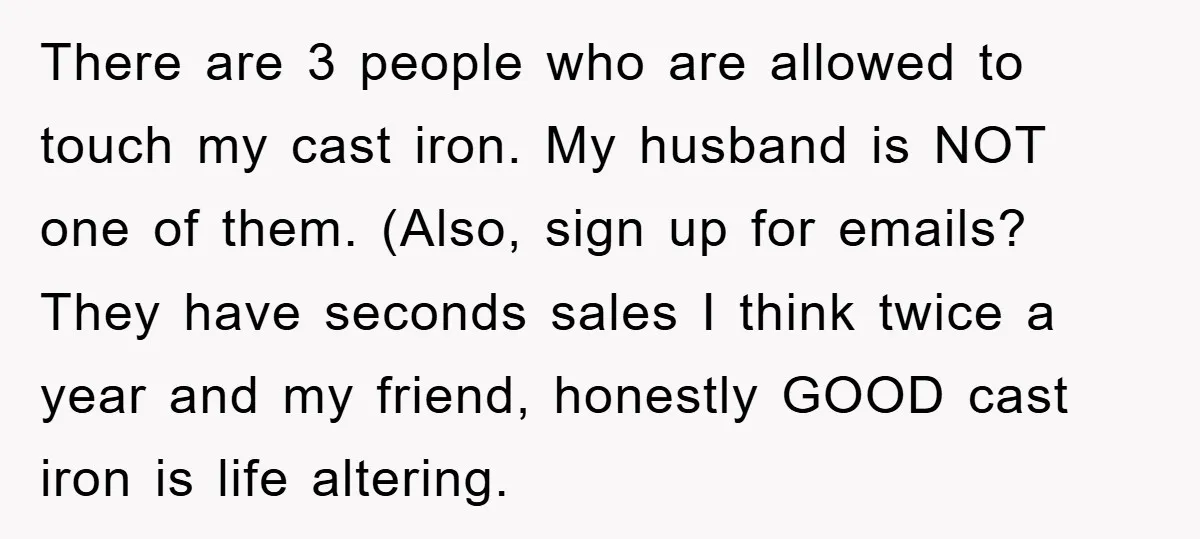 There are 3 people who are allowed to touch my cast iron. My husband is NOT one of them. (Also, sign up for emails? They have seconds sales I think...