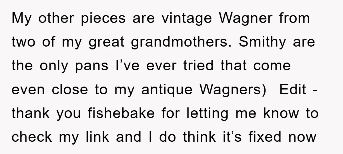 My other pieces are vintage Wagner from two of my great grandmothers. Smithy are the only pans I’ve ever tried that come even close to my antique Wagners) Edit -...