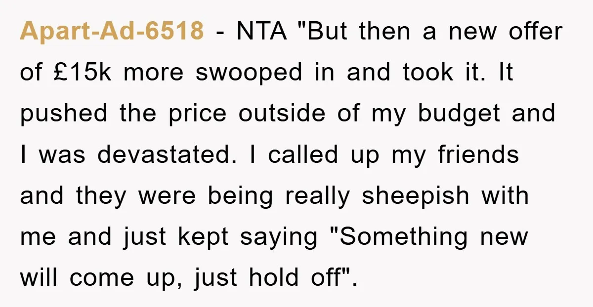 Apart-Ad-6518 − NTA "But then a new offer of £15k more swooped in and took it. It pushed the price outside of my budget and I was devastated. I called...