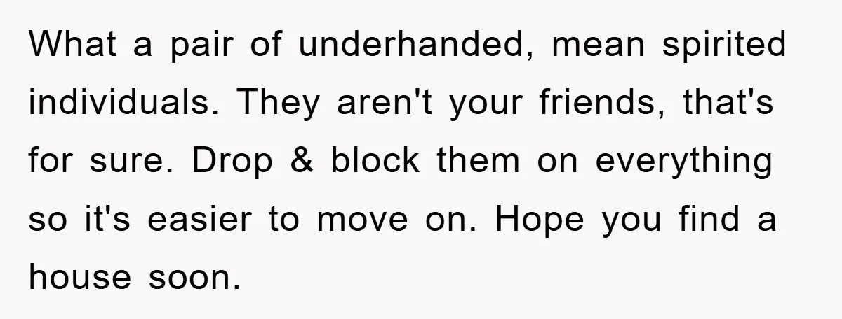 What a pair of underhanded, mean spirited individuals. They aren't your friends, that's for sure. Drop & block them on everything so it's easier to move on. Hope you find...