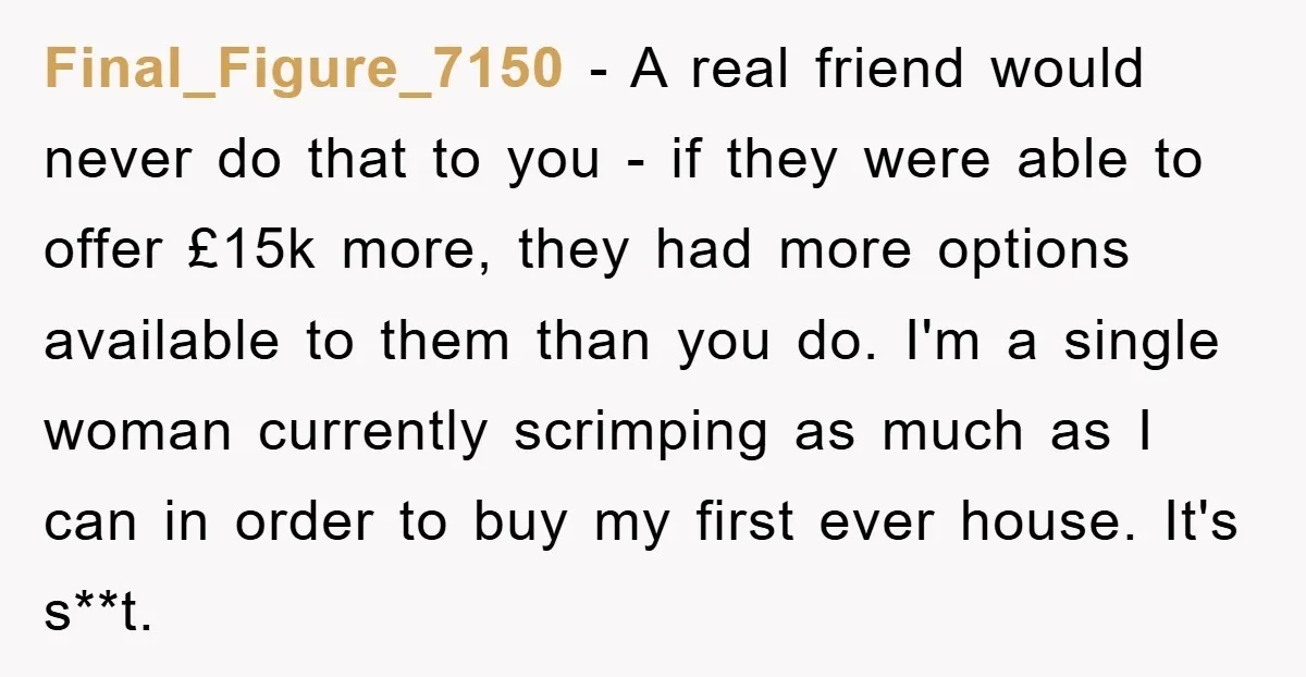 Final_Figure_7150 − A real friend would never do that to you - if they were able to offer £15k more, they had more options available to them than you do....