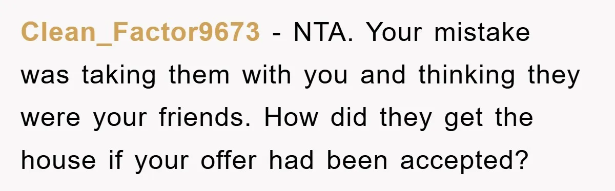Clean_Factor9673 − NTA. Your mistake was taking them with you and thinking they were your friends. How did they get the house if your offer had been accepted?
