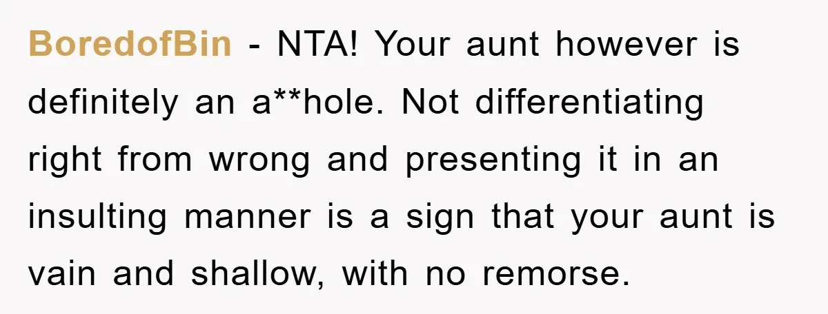 BoredofBin − NTA! Your aunt however is definitely an a**hole. Not differentiating right from wrong and presenting it in an insulting manner is a sign that your aunt is vain...