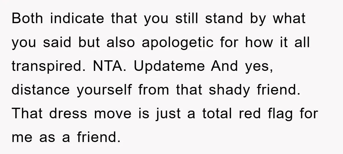 Both indicate that you still stand by what you said but also apologetic for how it all transpired. NTA. Updateme And yes, distance yourself from that shady friend. That dress...