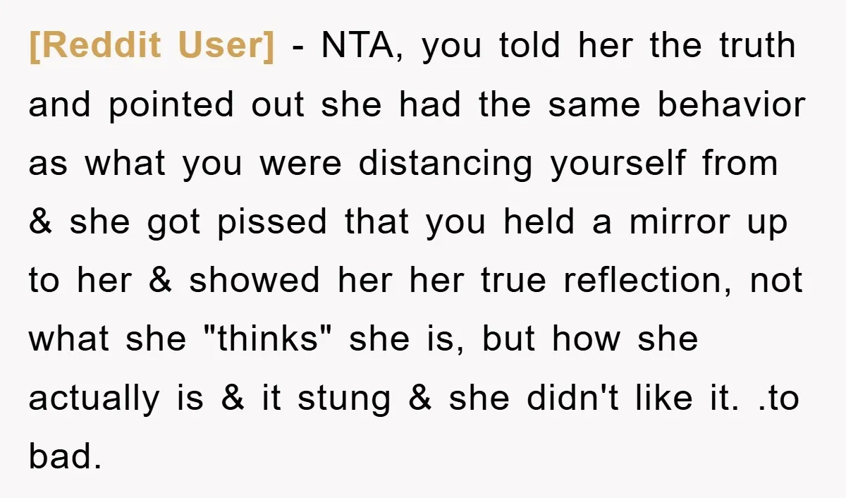 [Reddit User] − NTA, you told her the truth and pointed out she had the same behavior as what you were distancing yourself from & she got pissed that you...
