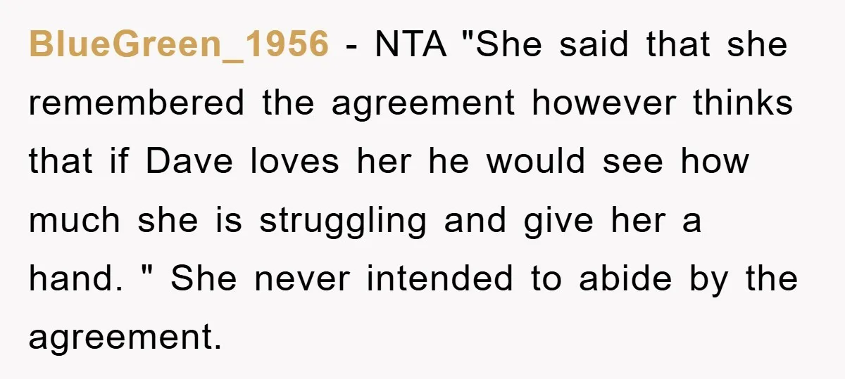 BlueGreen_1956 − NTA "She said that she remembered the agreement however thinks that if Dave loves her he would see how much she is struggling and give her a hand....