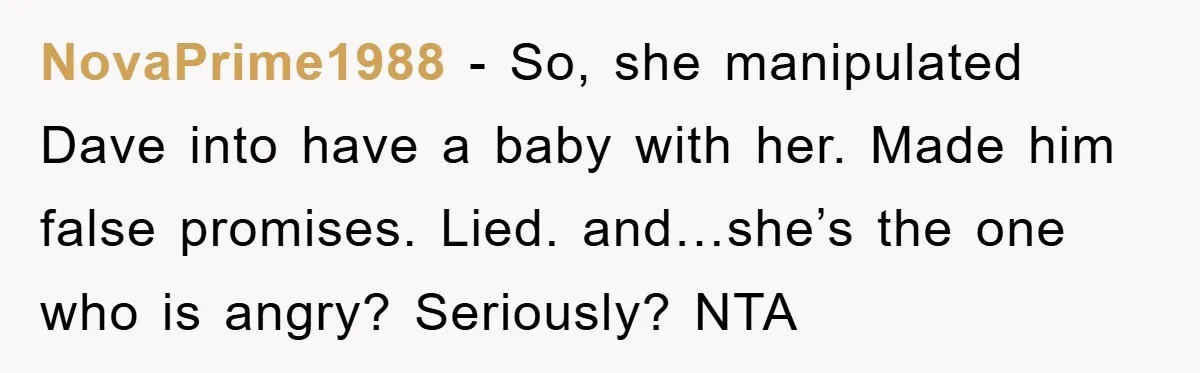 NovaPrime1988 − So, she manipulated Dave into have a baby with her. Made him false promises. Lied. and…she’s the one who is angry? Seriously? NTA