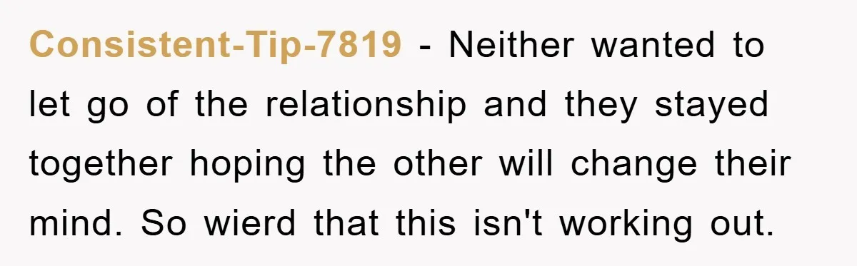 Consistent-Tip-7819 − Neither wanted to let go of the relationship and they stayed together hoping the other will change their mind. So wierd that this isn't working out.