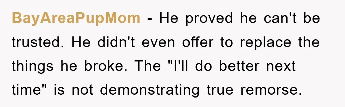 BayAreaPupMom - He proved he can't be trusted. He didn't even offer to replace the things he broke. The "I'll do better next time" is not demonstrating true remorse.