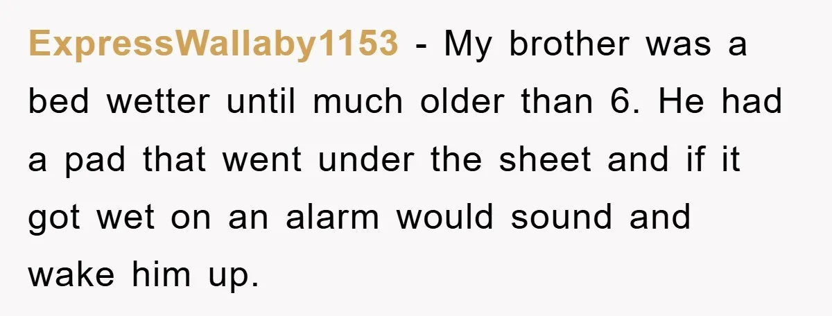 ExpressWallaby1153 − My brother was a bed wetter until much older than 6. He had a pad that went under the sheet and if it got wet on an alarm...
