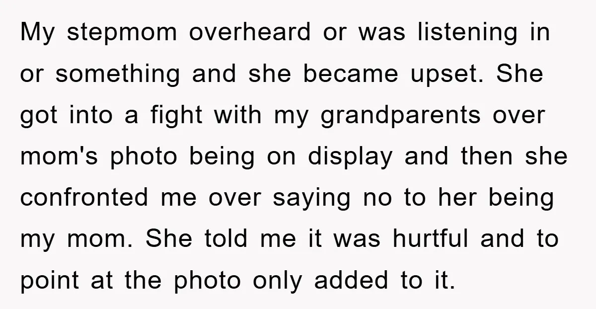 My stepmom overheard or was listening in or something and she became upset. She got into a fight with my grandparents over mom's photo being on display and then she...