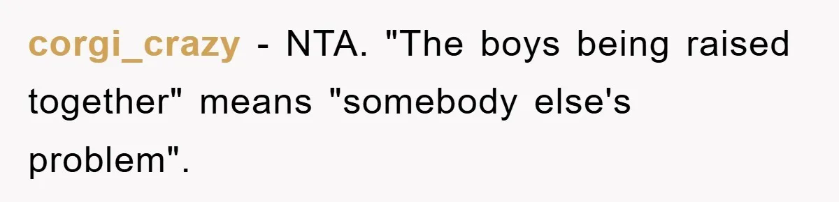 corgi_crazy − NTA. "The boys being raised together" means "somebody else's problem".