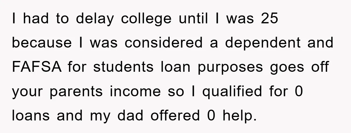 I had to delay college until I was 25 because I was considered a dependent and FAFSA for students loan purposes goes off your parents income so I qualified for...