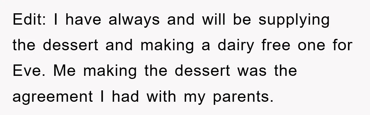 Edit: I have always and will be supplying the dessert and making a dairy free one for Eve. Me making the dessert was the agreement I had with my parents.