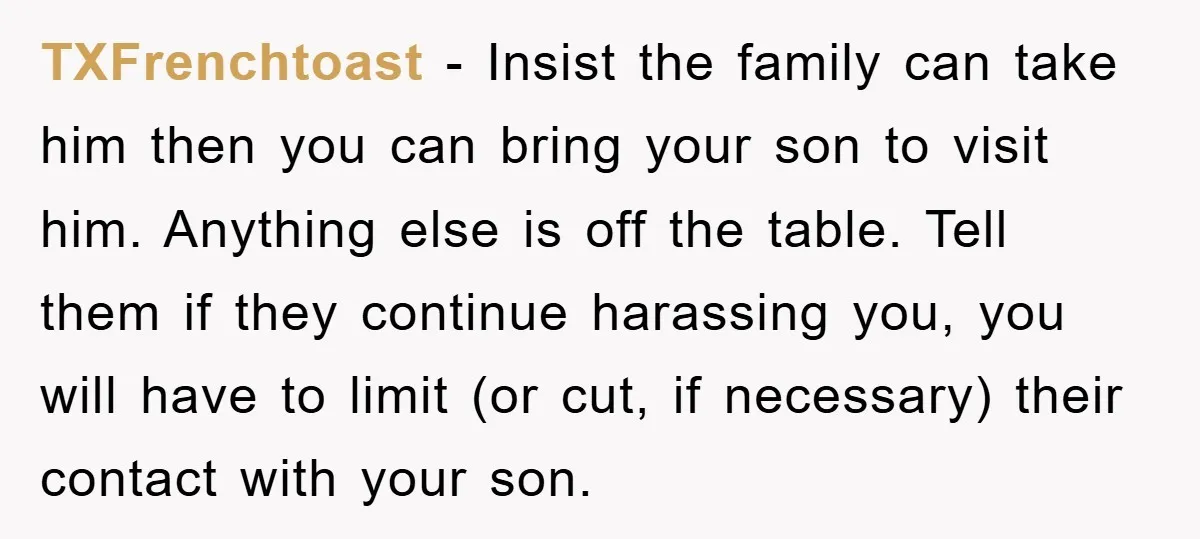 TXFrenchtoast − Insist the family can take him then you can bring your son to visit him. Anything else is off the table. Tell them if they continue harassing you,...