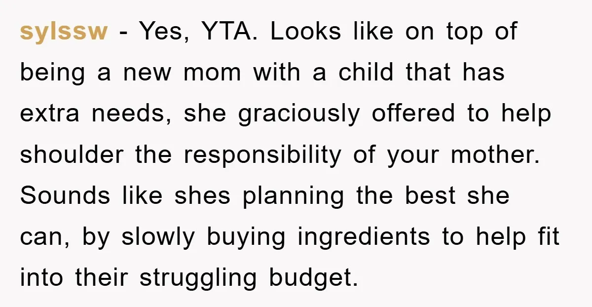 sylssw − Yes, YTA. Looks like on top of being a new mom with a child that has extra needs, she graciously offered to help shoulder the responsibility of your...