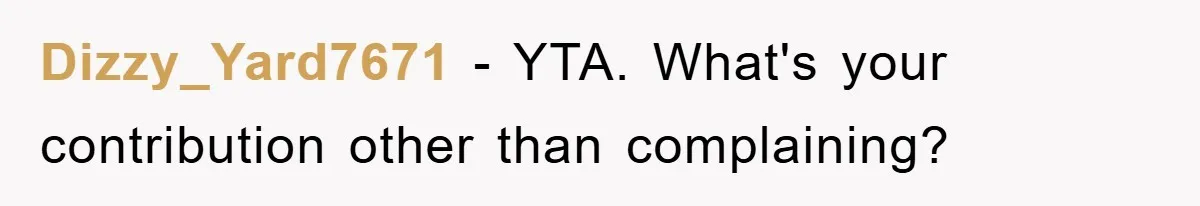 Dizzy_Yard7671 − YTA. What's your contribution other than complaining?