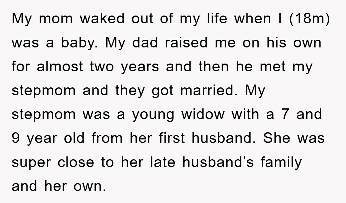 My mom waked out of my life when I (18m) was a baby. My dad raised me on his own for almost two years and then he met my stepmom...