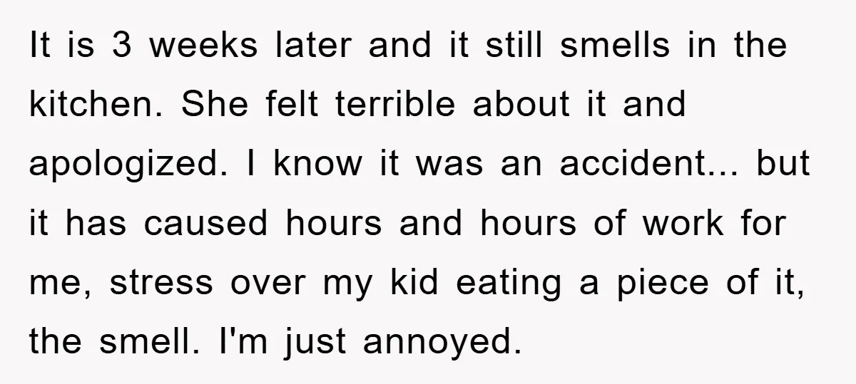It is 3 weeks later and it still smells in the kitchen. She felt terrible about it and apologized. I know it was an accident... but it has caused hours...