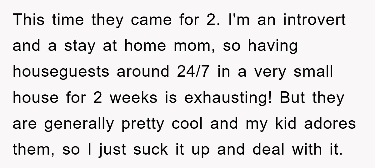 This time they came for 2. I'm an introvert and a stay at home mom, so having houseguests around 24/7 in a very small house for 2 weeks is exhausting!...