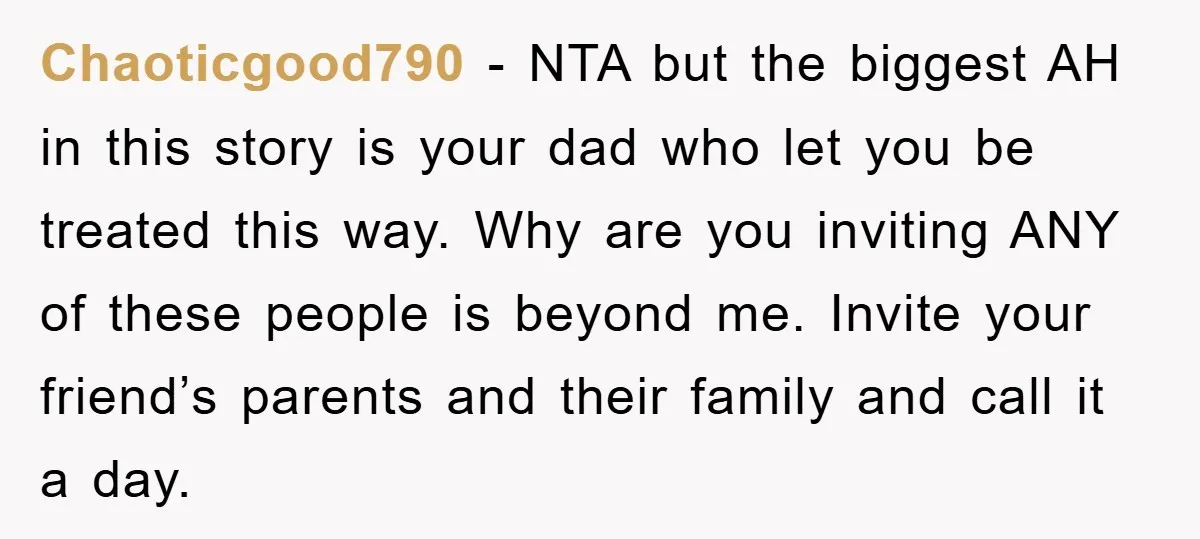 Chaoticgood790 - NTA but the biggest AH in this story is your dad who let you be treated this way. Why are you inviting ANY of these people is beyond...