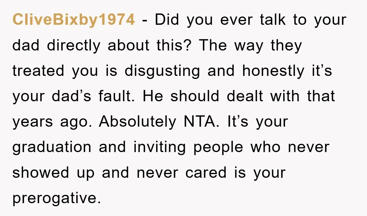 CliveBixby1974 - Did you ever talk to your dad directly about this? The way they treated you is disgusting and honestly it’s your dad’s fault. He should dealt with that...
