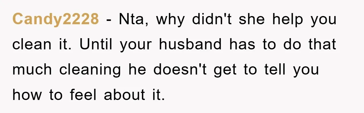 Candy2228 − Nta, why didn't she help you clean it. Until your husband has to do that much cleaning he doesn't get to tell you how to feel about it.