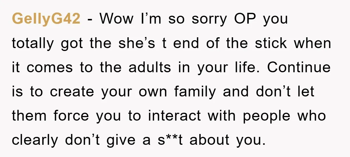 GellyG42 - Wow I’m so sorry OP you totally got the she’s t end of the stick when it comes to the adults in your life. Continue is to create...
