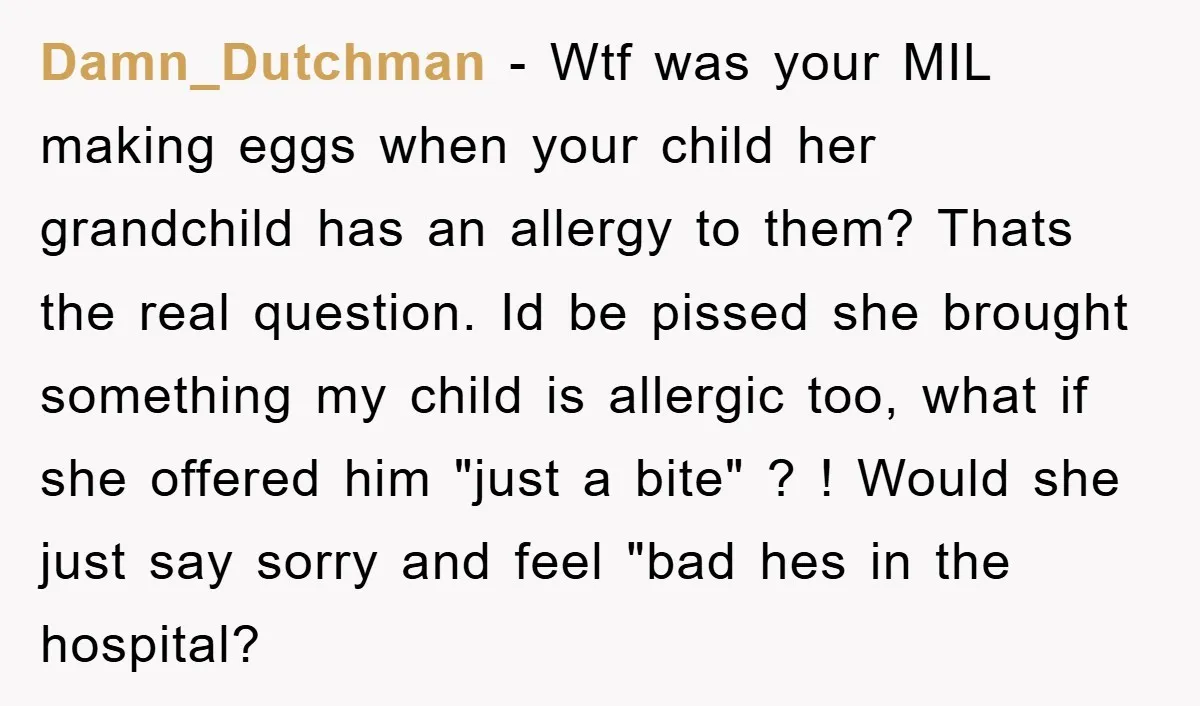 Damn_Dutchman − Wtf was your MIL making eggs when your child her grandchild has an allergy to them? Thats the real question. Id be pissed she brought something my child...