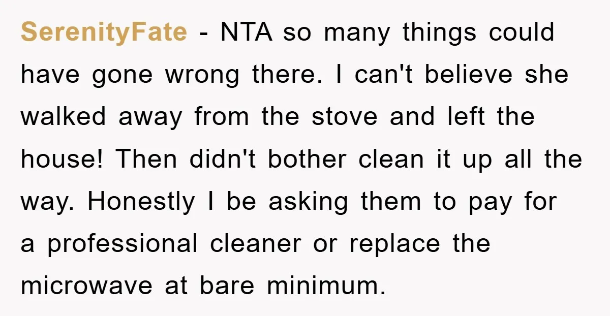 SerenityFate − NTA so many things could have gone wrong there. I can't believe she walked away from the stove and left the house! Then didn't bother clean it up...