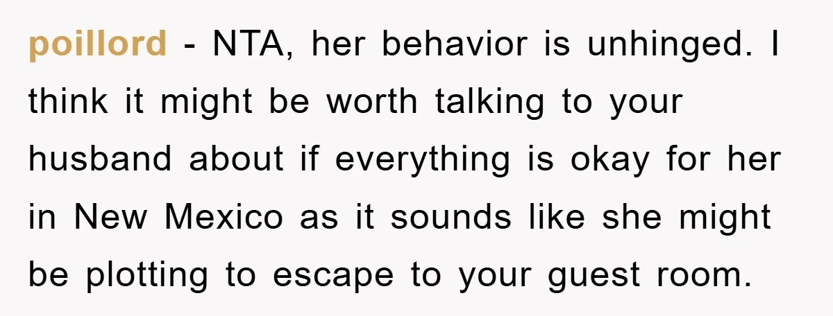 poillord − NTA, her behavior is unhinged. I think it might be worth talking to your husband about if everything is okay for her in New Mexico as it sounds...