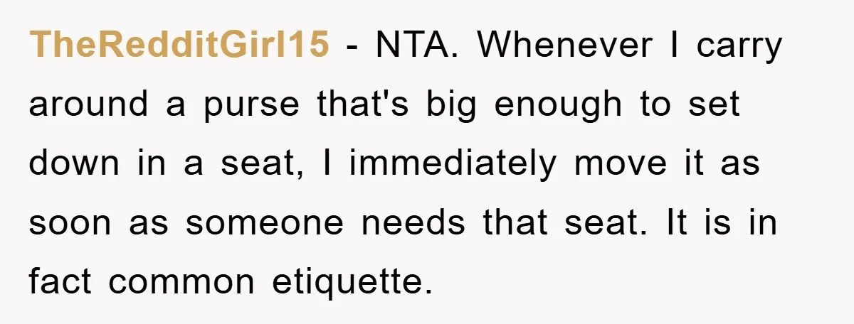 TheRedditGirl15 − NTA. Whenever I carry around a purse that's big enough to set down in a seat, I immediately move it as soon as someone needs that seat. It...