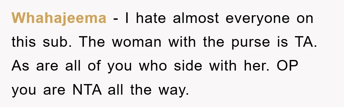 Whahajeema − I hate almost everyone on this sub. The woman with the purse is TA. As are all of you who side with her. OP you are NTA all...