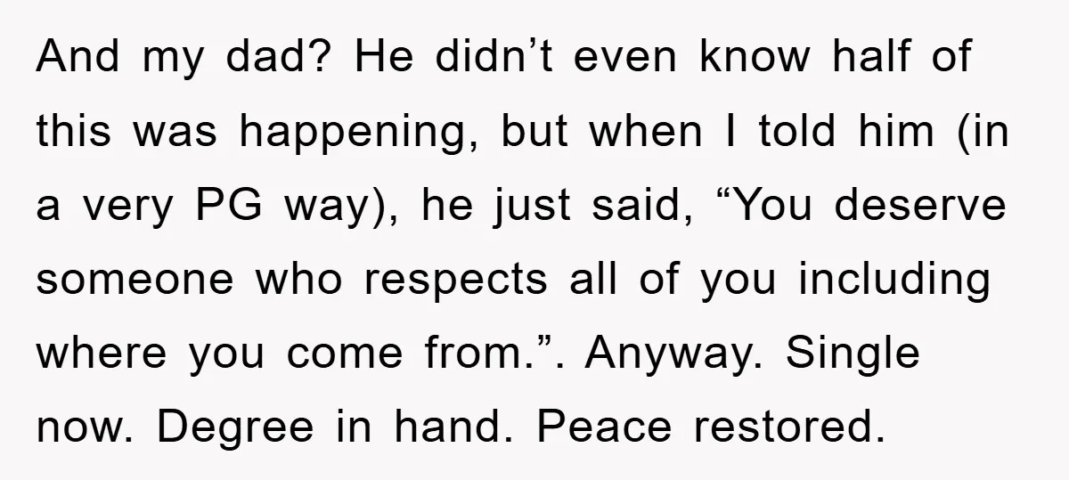 And my dad? He didn’t even know half of this was happening, but when I told him (in a very PG way), he just said, “You deserve someone who respects...